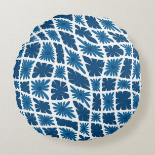 Groovy Wavy Trippy 60s Flower Checks Blues Round Cushion