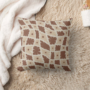 Groovy Wavy Trippy 60s Flower Checks Neutral Brown Cushion