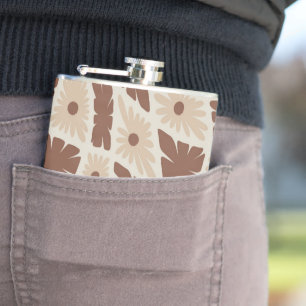 Groovy Wavy Trippy 60s Flower Checks Neutral Brown Hip Flask