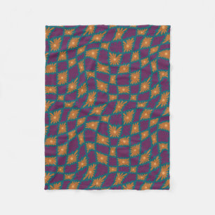 Groovy Wavy Trippy 60s Flower Checks Orange Pink Fleece Blanket