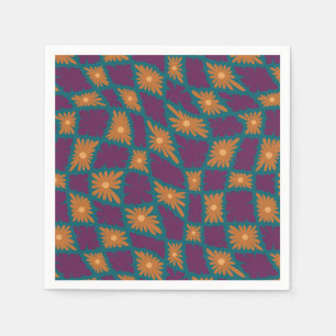 Groovy Wavy Trippy 60s Flower Checks Orange Pink Napkin