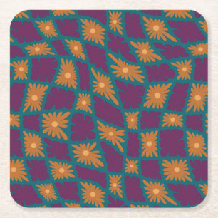 Groovy Wavy Trippy 60s Flower Checks Orange Pink Square Paper Coaster