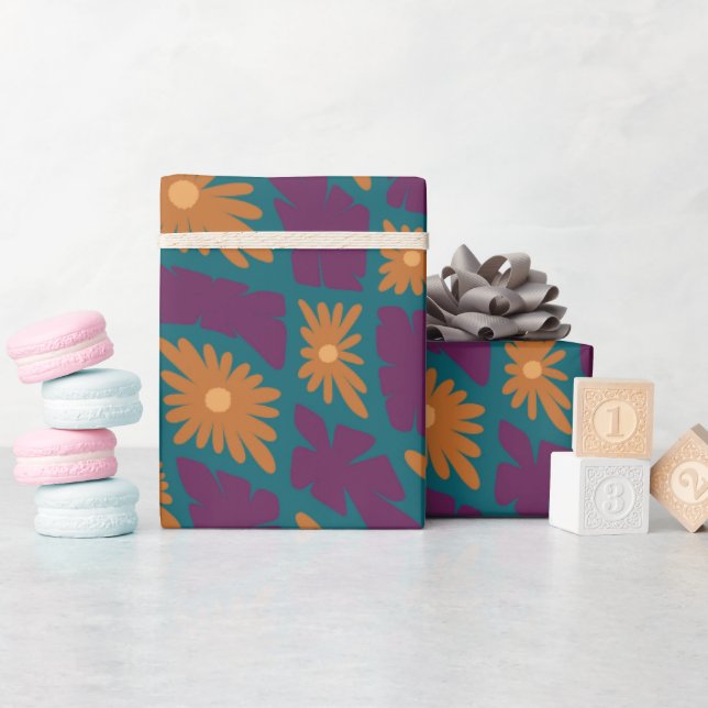 Groovy Wavy Trippy 60s Flower Checks Orange Pink Wrapping Paper (Baby Shower)