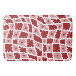 Groovy Wavy Trippy 60s Flower Checks Red Pink Bath Mat