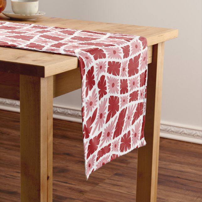 Groovy Wavy Trippy 60s Flower Checks Red Pink Short Table Runner (In Situ)