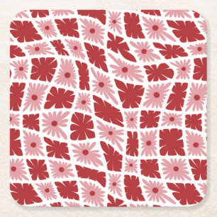 Groovy Wavy Trippy 60s Flower Checks Red Pink Square Paper Coaster