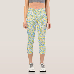 Groovy Wavy Trippy 60s Flower Checks Yellow Blue Capri Leggings
