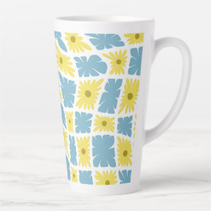 Groovy Wavy Trippy 60s Flower Checks Yellow Blue Latte Mug
