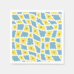 Groovy Wavy Trippy 60s Flower Checks Yellow Blue Napkin