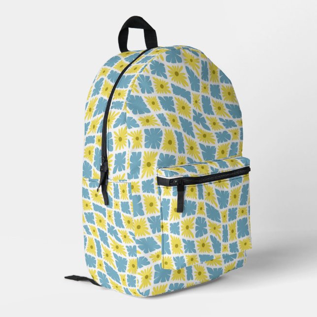 Groovy Wavy Trippy 60s Flower Checks Yellow Blue Printed Backpack (Back Corner Left)