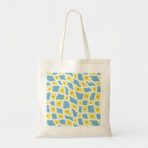 Groovy Wavy Trippy 60s Flower Checks Yellow Blue Tote Bag