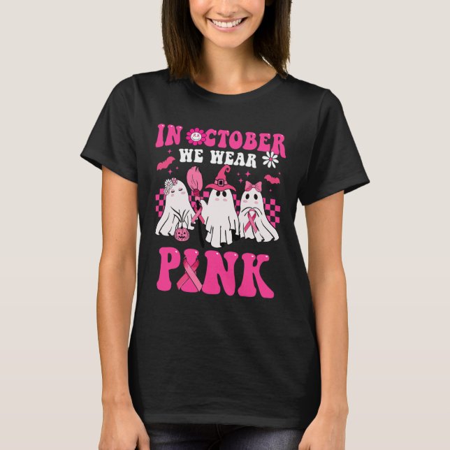 Groovy Wear Pink Breast Cancer Warrior Cute Ghost  T-Shirt (Front)