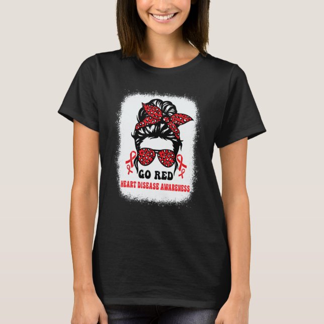 Groovy Wear Red Heart Disease Awareness Messy Bun  T-Shirt (Front)