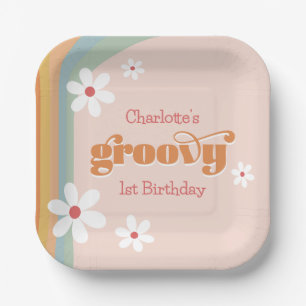 Groovy White Daisies Girl's 1st Birthday Party Paper Plate