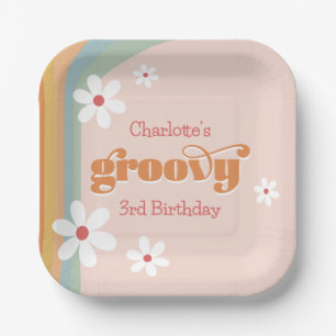 Groovy White Daisies Girl's 3rd Birthday Party Paper Plate