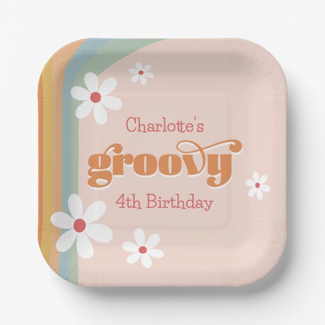 Groovy White Daisies Girl's 4th Birthday Party Paper Plate (Front)