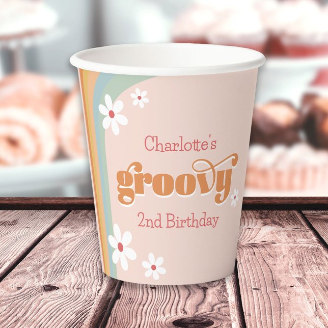 Groovy White Daisy 70's Girl's 2nd Birthday Party  Paper Cups (Creator Uploaded)