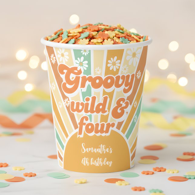 Groovy wild and four retro sun kids birthday paper cups (Creator Uploaded)