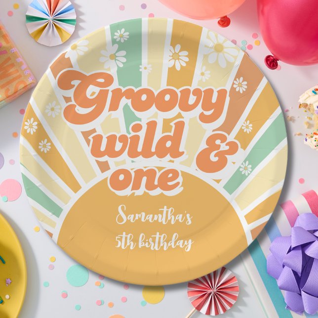 Groovy wild and one retro sun kids birthday paper plate (Creator Uploaded)