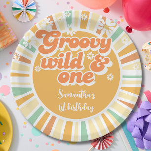 Groovy wild and one retro sun kids birthday paper plate