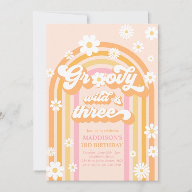 Groovy Wild And Three Boho Daisy Rainbow Birthday Invitation (Front)