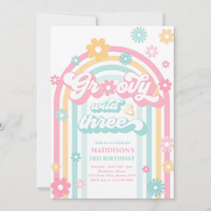 Groovy Wild And Three Boho Daisy Rainbow Birthday Invitation