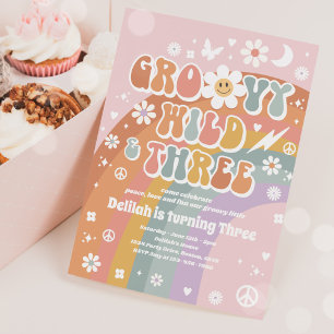 Groovy Wild And Three Hippie 3rd Birthday Party Invitation