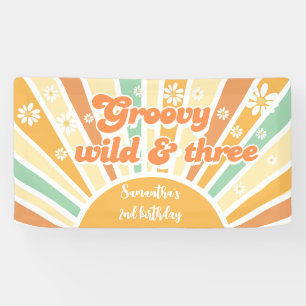 Groovy wild and three retro sun kids birthday banner