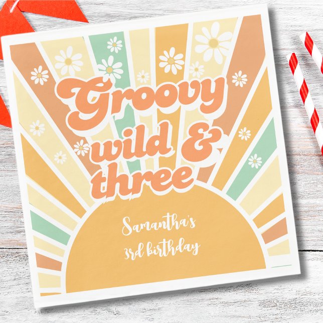 Groovy wild and three retro sun kids birthday napkin (Creator Uploaded)