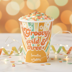 Groovy wild and three retro sun kids birthday paper cups