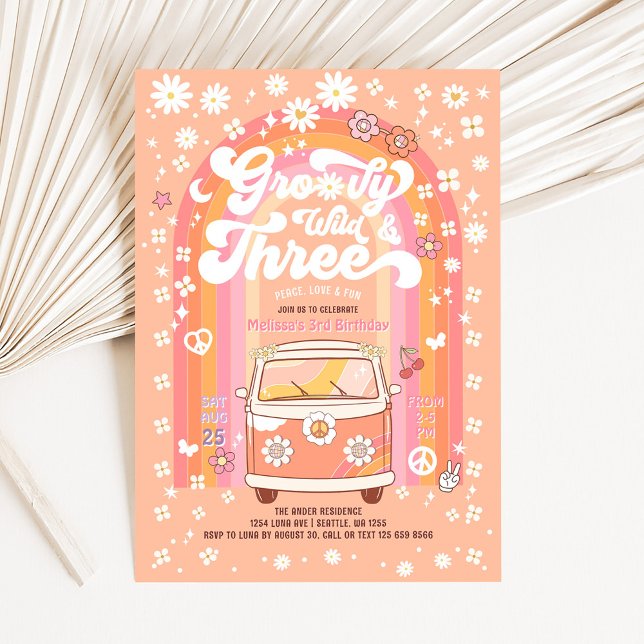 Groovy Wild and Three Van Bus 3rd Birthday Invitation (Creator Uploaded)