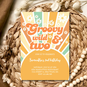 Groovy wild and two retro sun kids birthday invitation