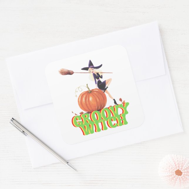GROOVY WITCH funny Halloween witches               Square Sticker (Envelope)