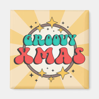 Groovy Xmas retro stars old cartoon text  Magnet