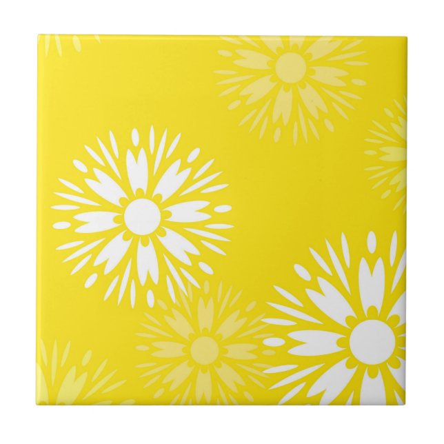 Groovy Yellow Daisy Flower Retro Floral Pattern Tile (Front)