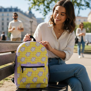 Groovy Yellow Purple Modern Floral Personalised Printed Backpack