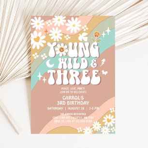 Groovy Young Wild and Three 3rd Birthday Invitation