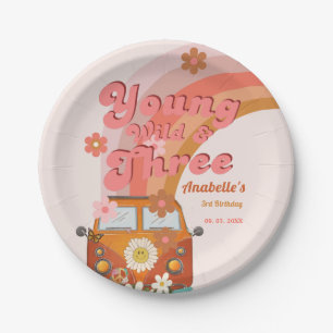 Groovy Young Wild and Three Pink Peach Van Daisy  Paper Plate