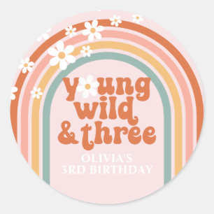 Groovy Young Wild Three daisy rainbow 3rd birthday Classic Round Sticker