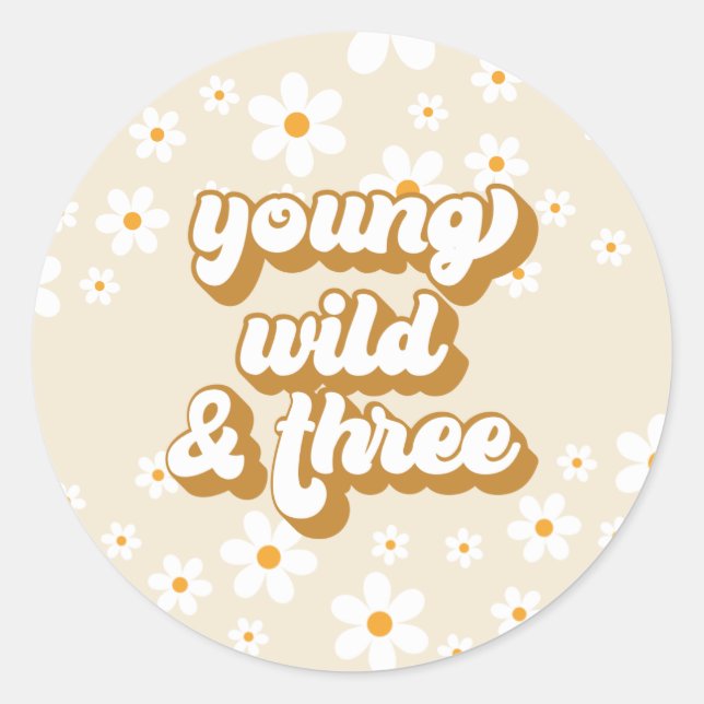 Groovy Young Wild Three Retro Daisy 3rd Birthday Classic Round Sticker (Front)