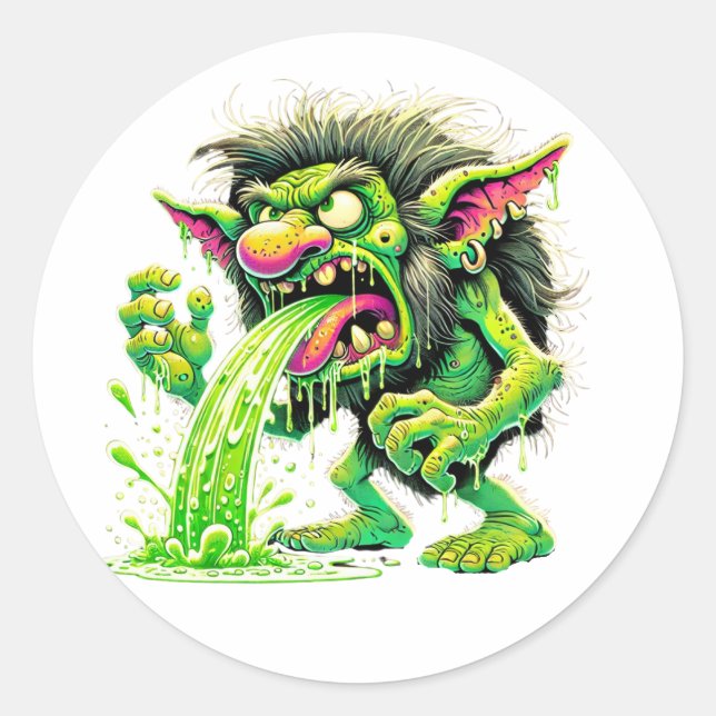Gross Out Puking Troll Slime & Laughs Classic Round Sticker (Front)