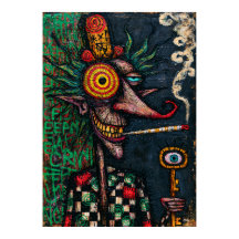 Grotesque Grinning Trickster with Surreal Eyes