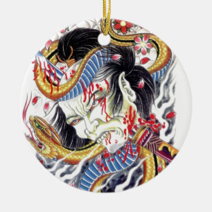 Grotesque & Snake Tattoo Design Ceramic Tree Decoration