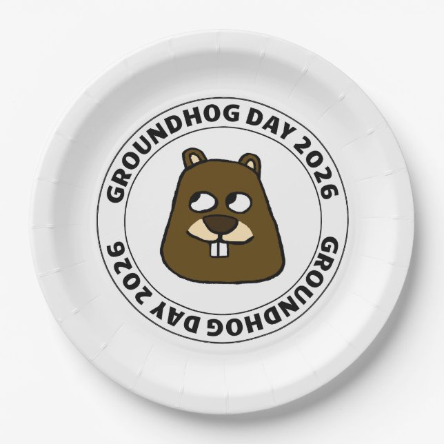 Groundhog Day 2026 with Groundhog face Paper Plate (Front)