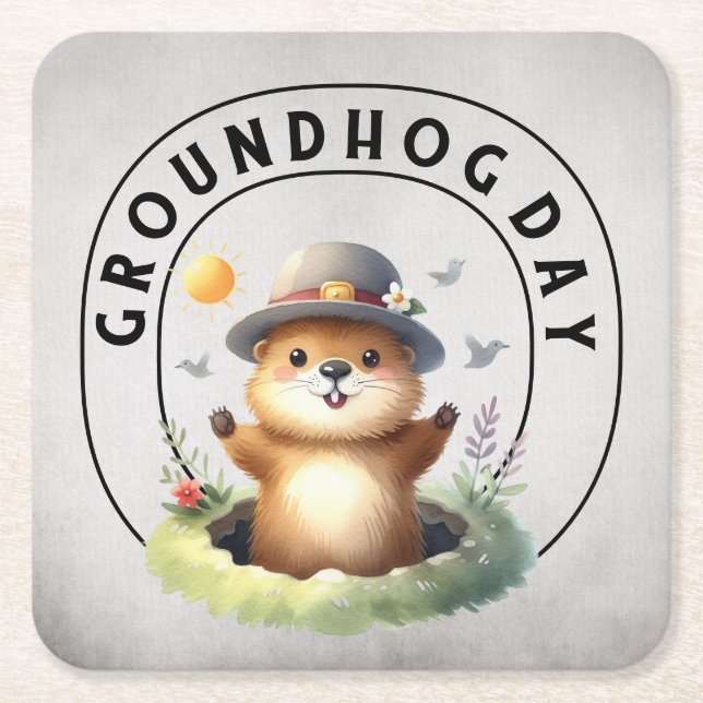Groundhog day 22 February  Square Paper Coaster (Front)