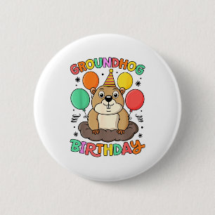 Groundhog Day Birthday Party Hat Balloons Retro 60 6 Cm Round Badge