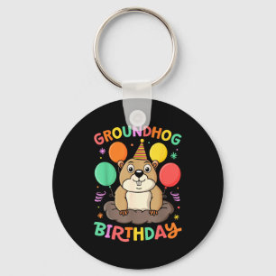 Groundhog Day Birthday Party Hat Balloons Retro 60 Key Ring