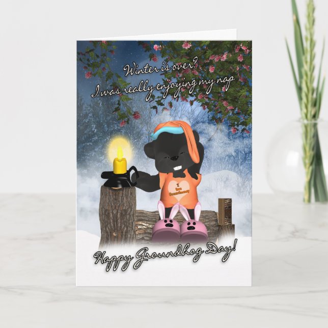 Groundhog Day Card - Cute Sleepy Groundhog Card (Front)