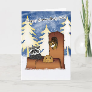 Groundhog Day Card - Groundog, Racoon, Owl