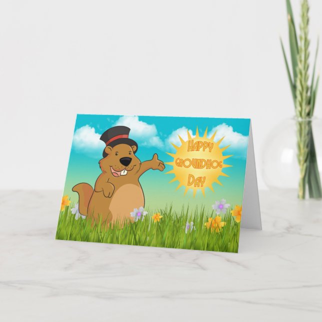 Groundhog Day Greeting Card With Spring Scenery (Front)